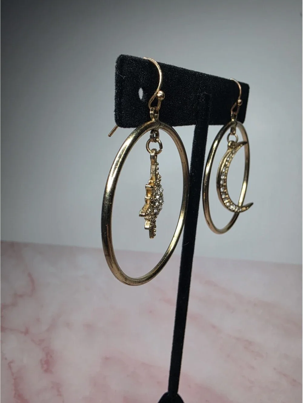 Celestial Gold Hoop Earrings Sunburst Star & Crescent Moon Rhinestone